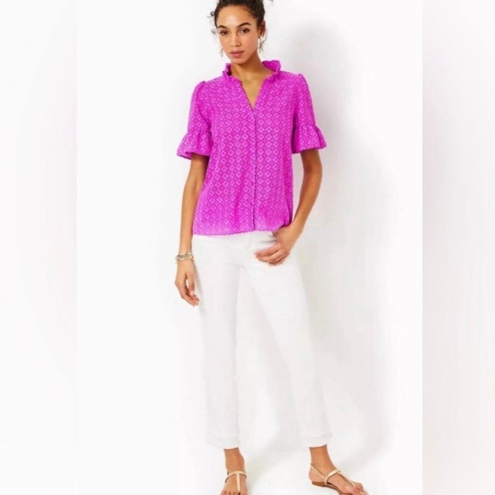 Lilly Pulitzer Pink Eyelet Ruffle Sleeve Blouse